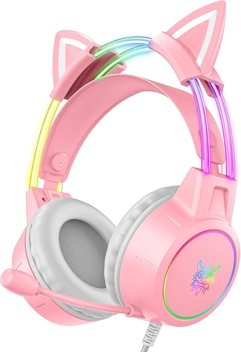 ONITOON Lightweight Gaming Headset with Detachable Cat Ears, RGB Lighting, Wired Over Ear Headphones with Mic for PC, PS4, PS5, Switch, Stereo Surround Sound, Self-Adjusting Headband - Image 1